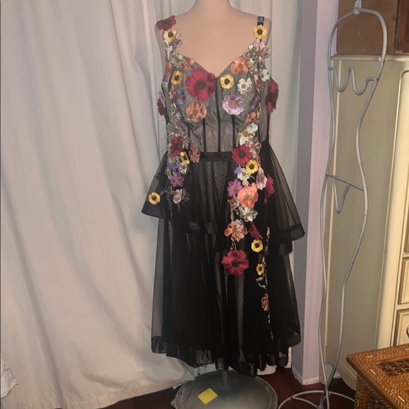 Bridal prom dress black garden tulle applique multi floral midi dress 18    AW - Picture 2 of 15